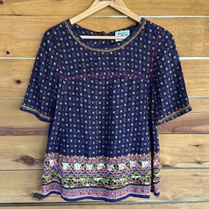 Anthropologie Holding horses baby mustard embroidered top